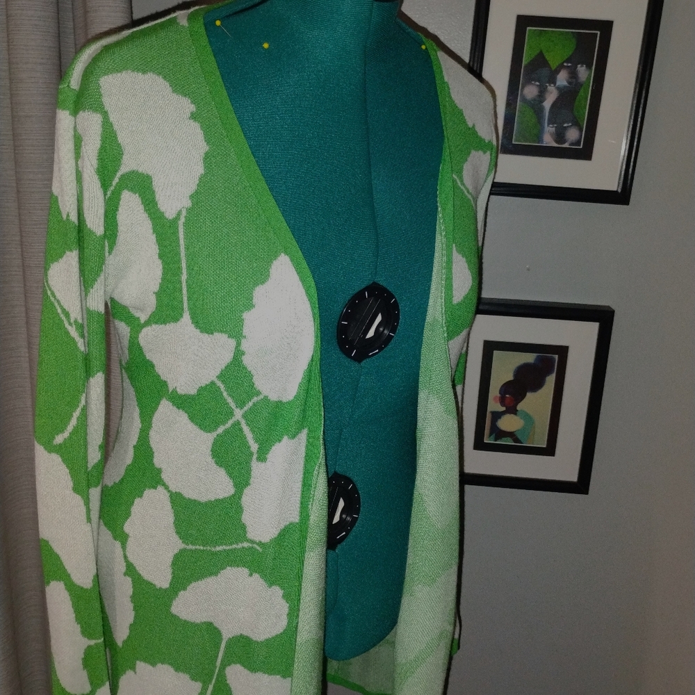 DVF V-Neck Ginkgo Leaf White & Green Long-Sleeve Wrap Sweater, Sz S NWT - Picture 9 of 16